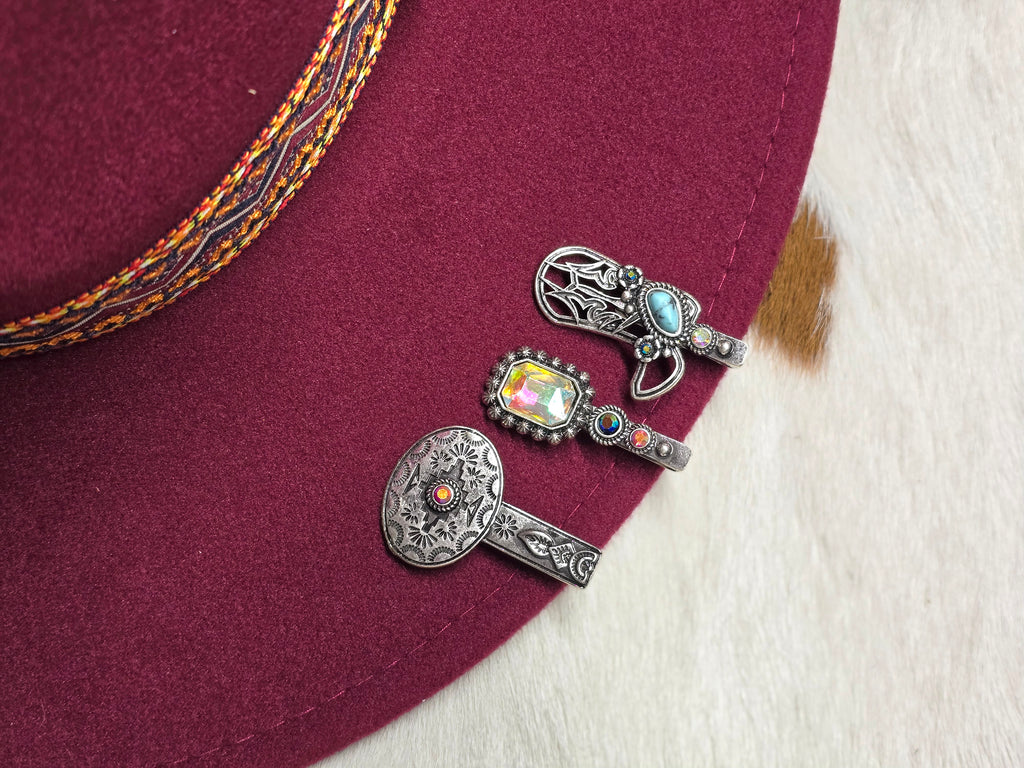 Silver-Tone Multicolor Faux Stone 3-Piece Western Hat Clip Set