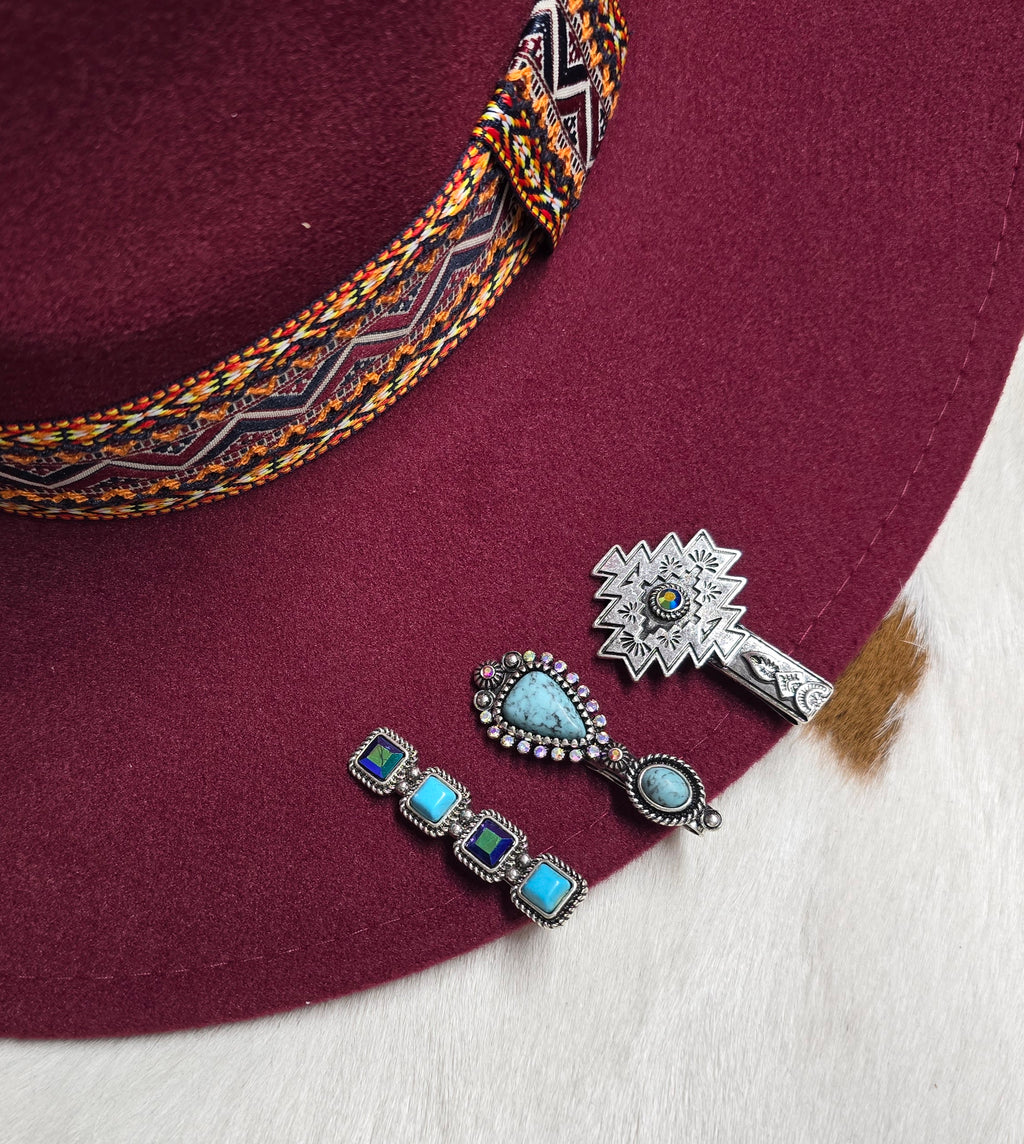 Silver-Tone Turquoise Faux Stone 3-Piece Western Hat Clip Set