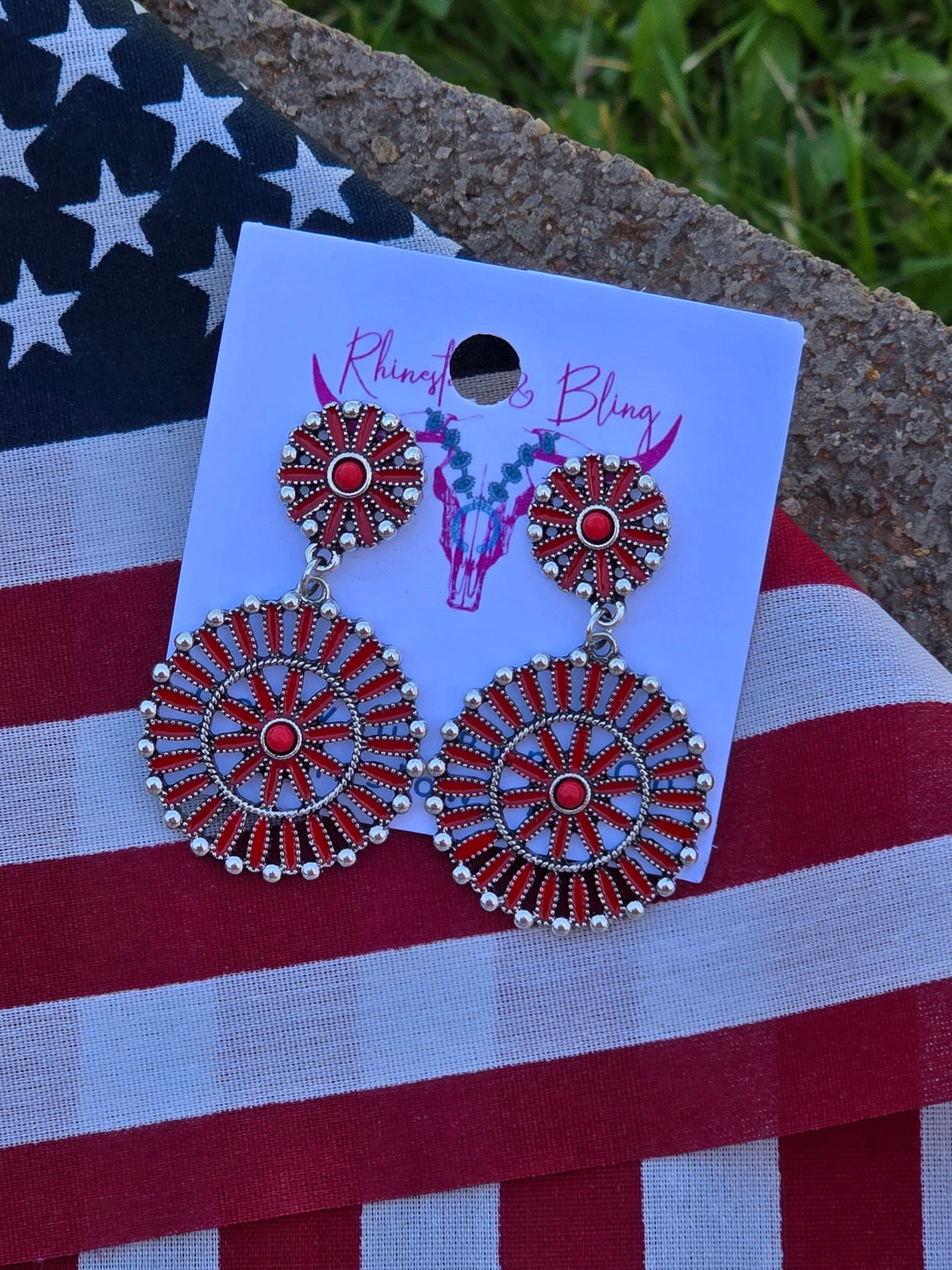 Red Faux Sunburst Dangle Earrings