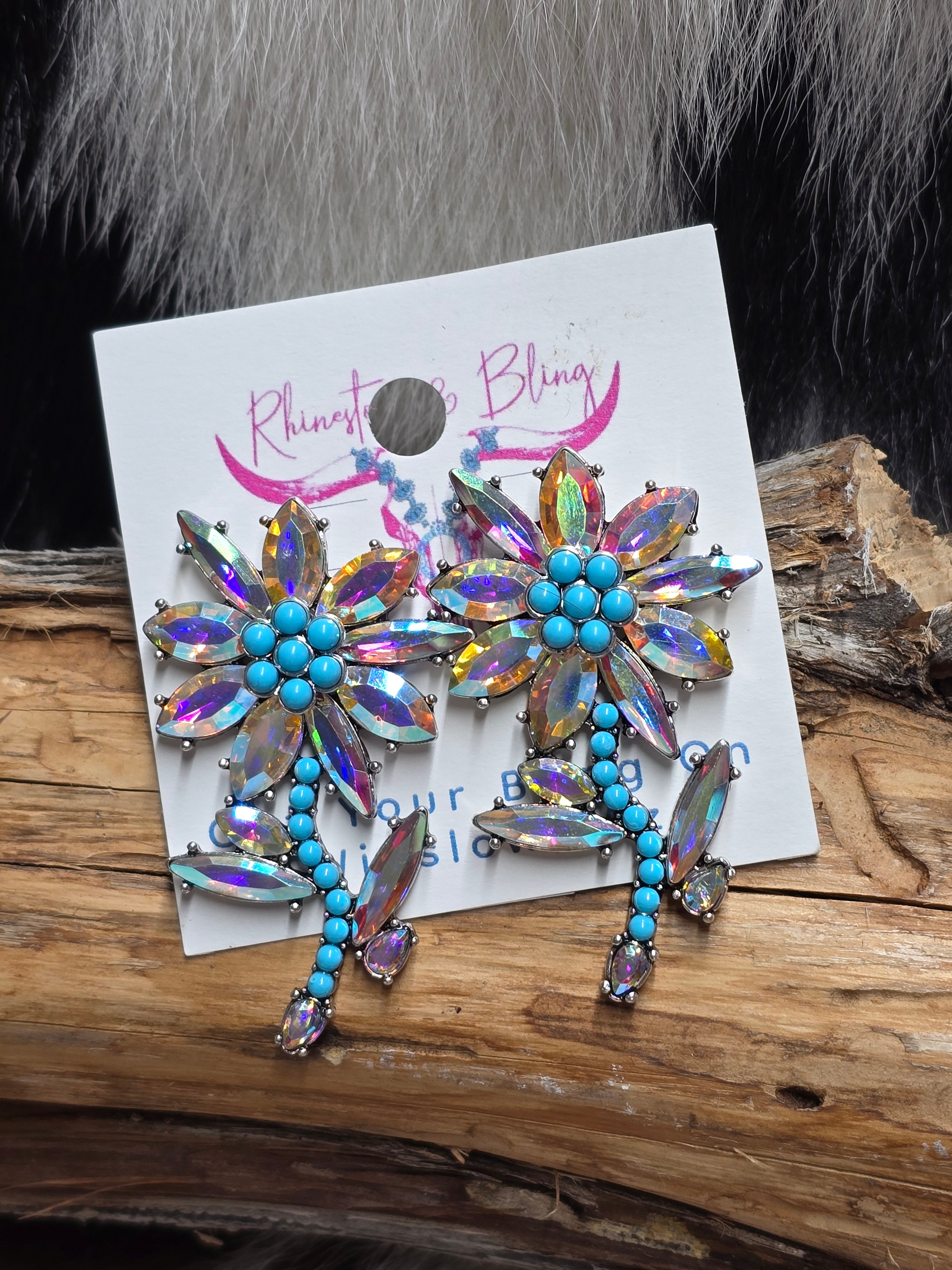 Western Faux Turquoise & Rhinestone Flower Earrings