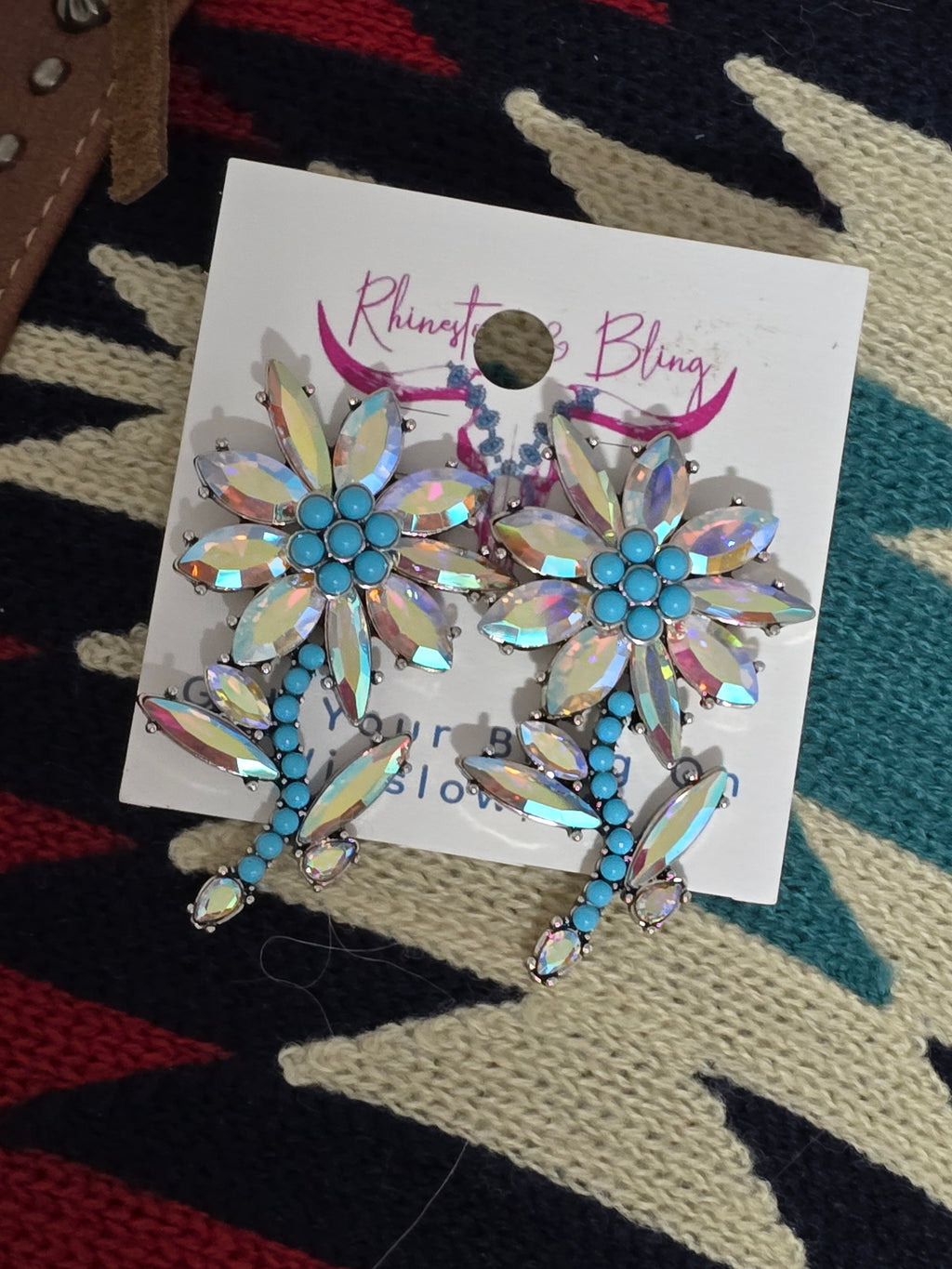Western Faux Turquoise & Rhinestone Flower Earrings