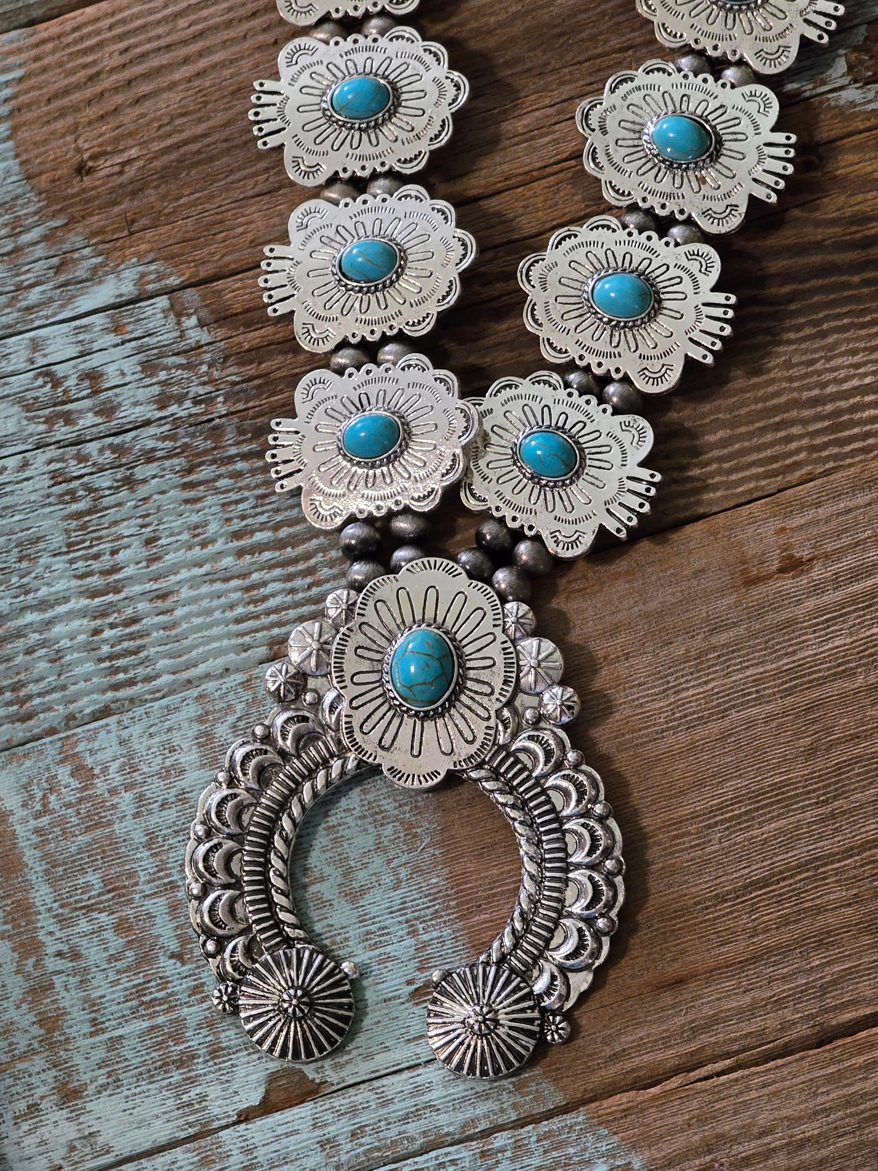 Western Inspired Squash Blossom Necklace and Earrings