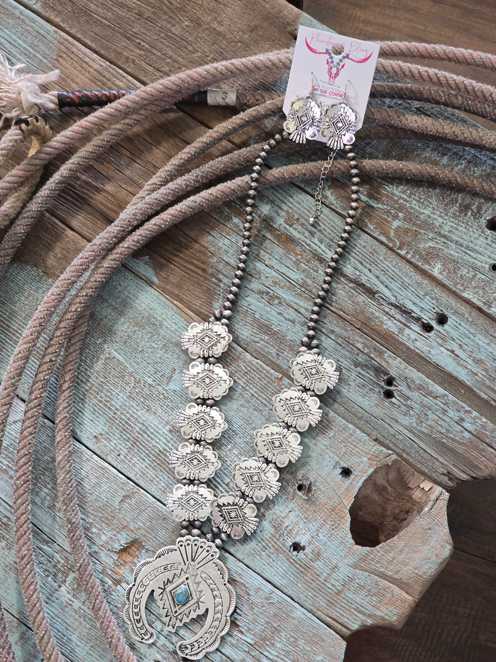 Western Aztec Print Squash Blossom Necklace and Earrings