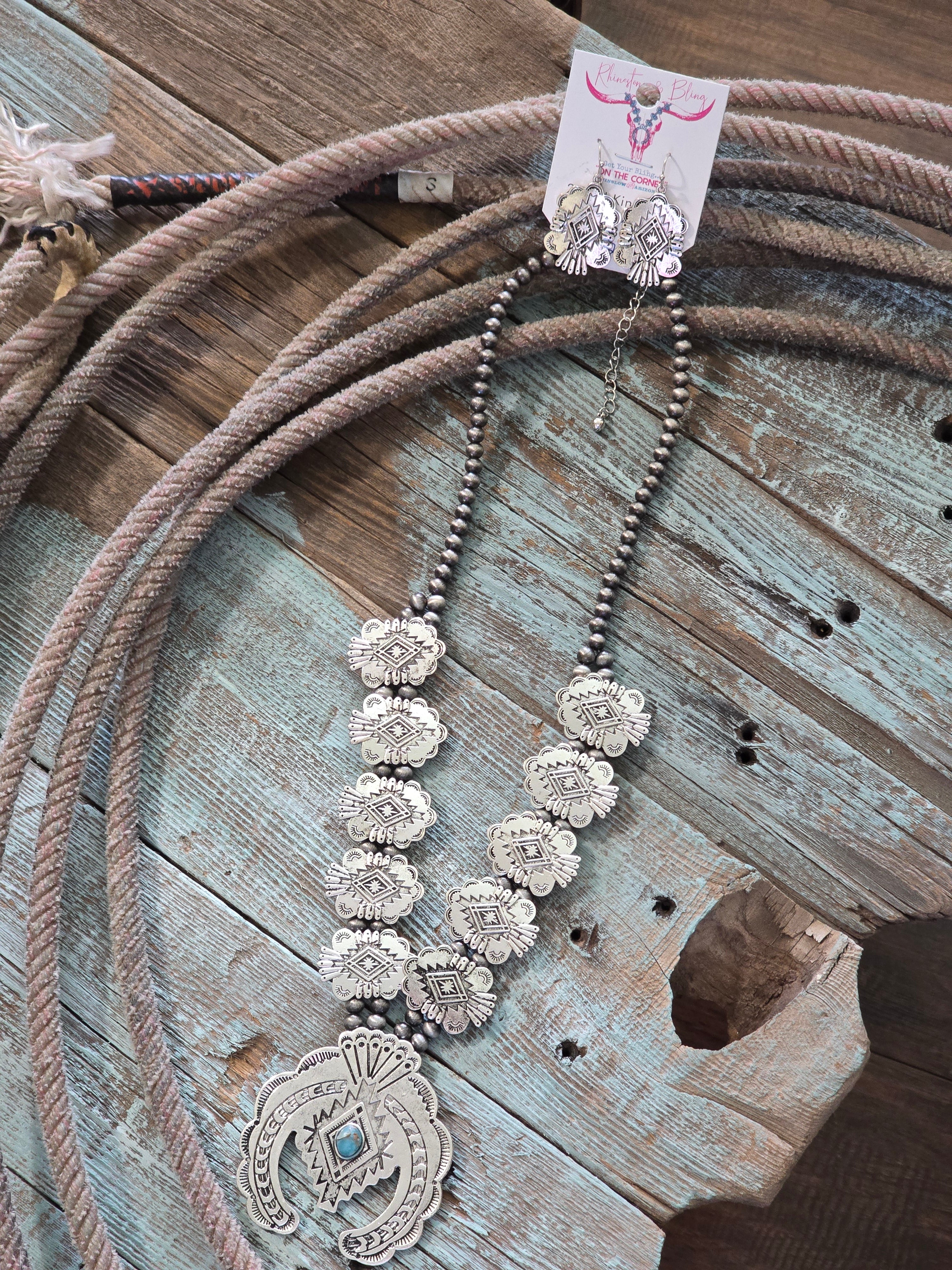 Western Aztec Print Squash Blossom Necklace and Earrings