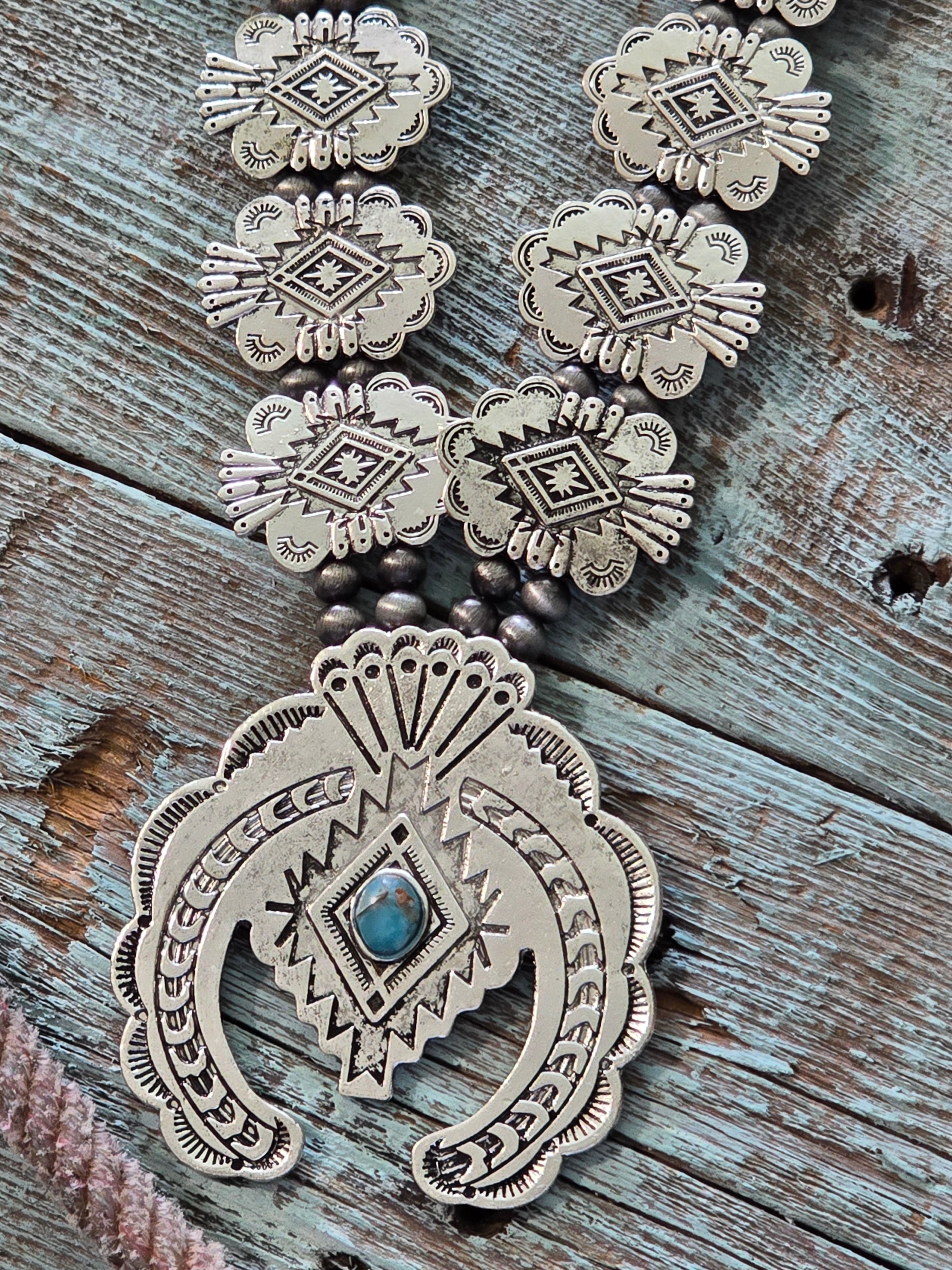 Western Aztec Print Squash Blossom Necklace and Earrings