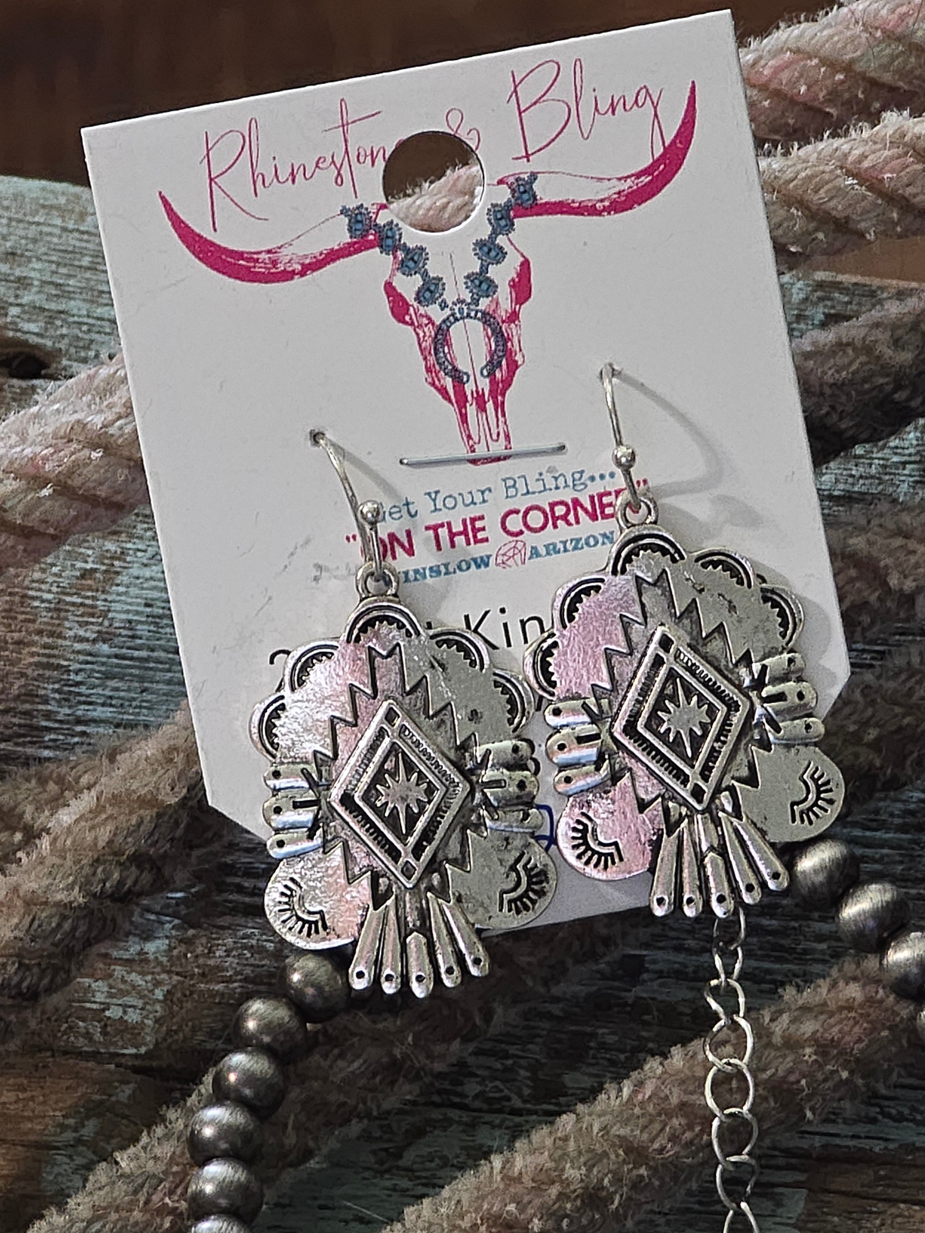 Western Aztec Print Squash Blossom Necklace and Earrings