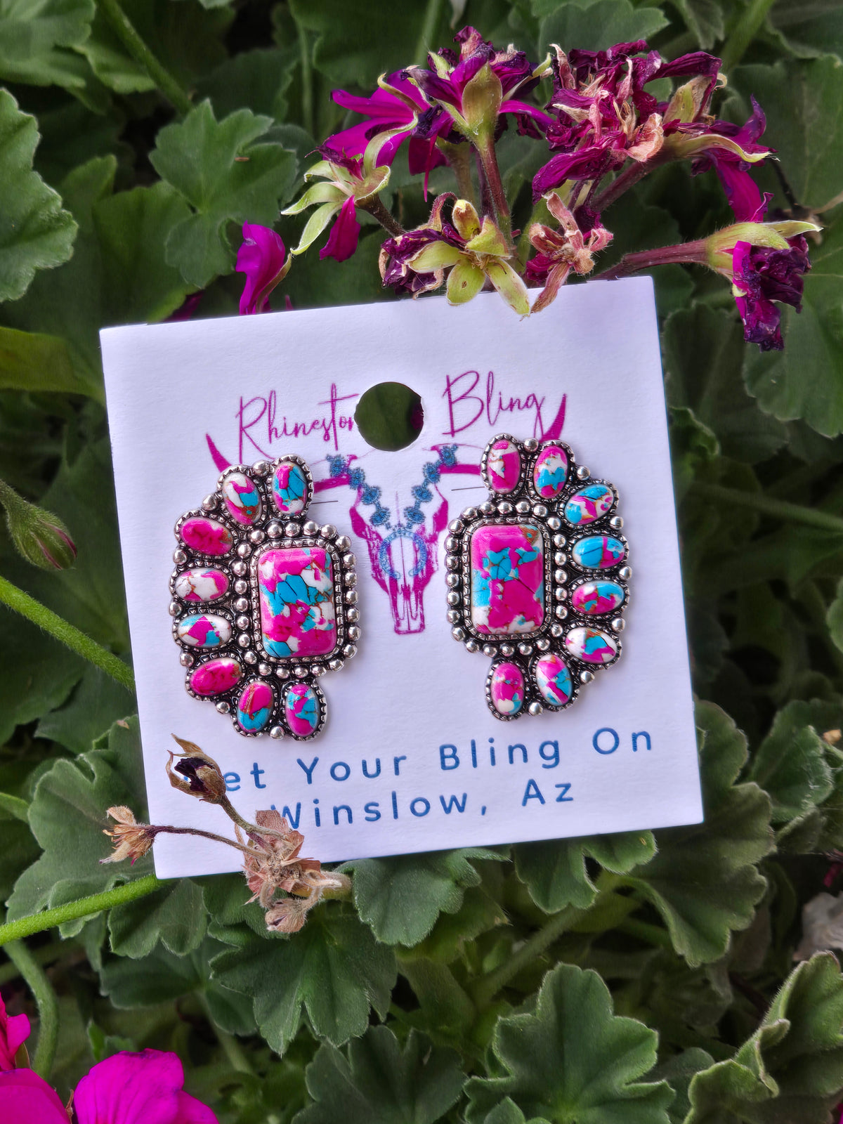 Silver-Tone Pink and Turquoise Faux Statement Earrings