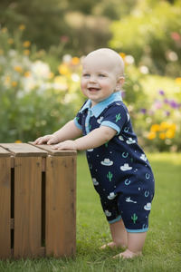 Navy Blue Western Printed Romper